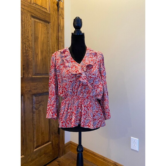 Chaps Blouse Womens Top Size Small Petite Red Paisley Peasant Elastic Waist - Picture 12 of 12
